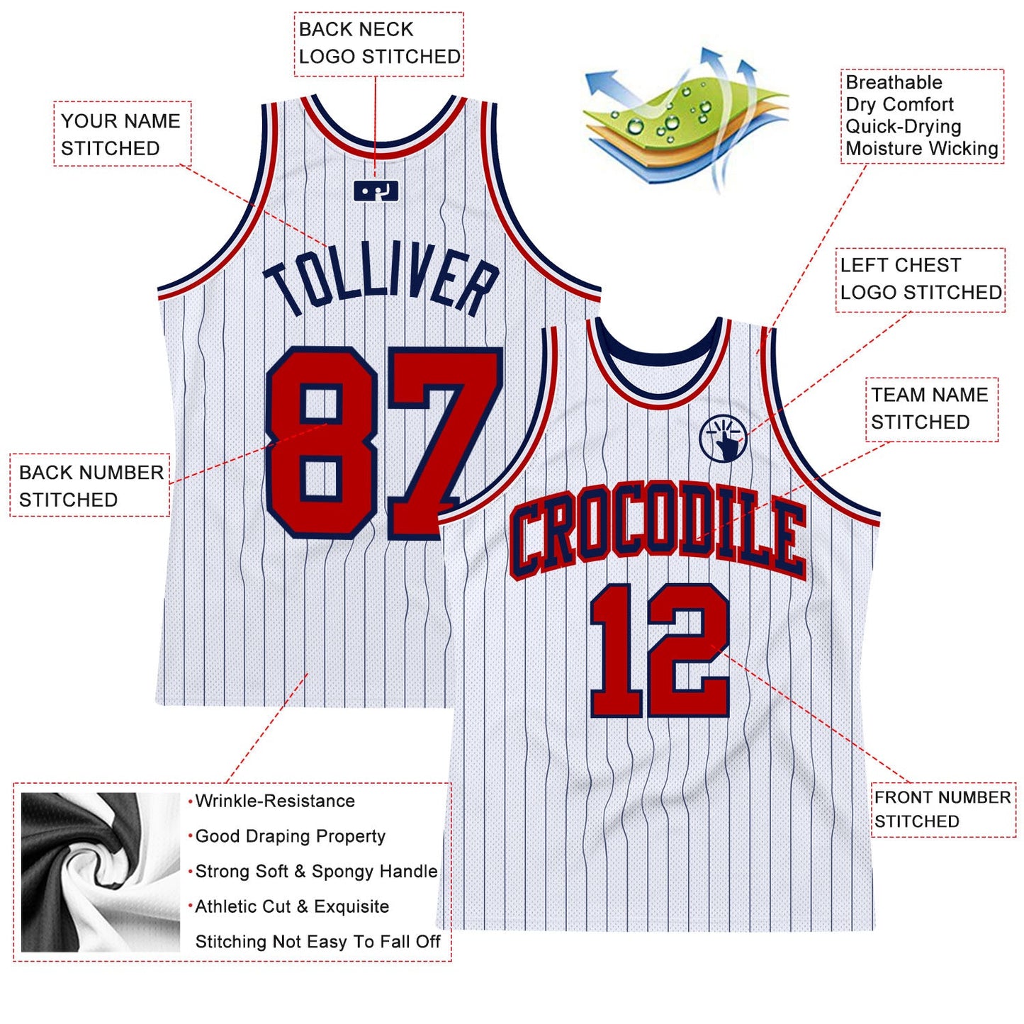 Custom White Navy Pinstripe Red Authentic Basketball Jersey Limited