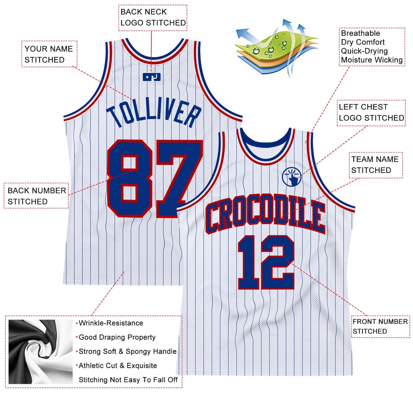 Custom White Royal Pinstripe Royal-Red Authentic Basketball Jersey Limited