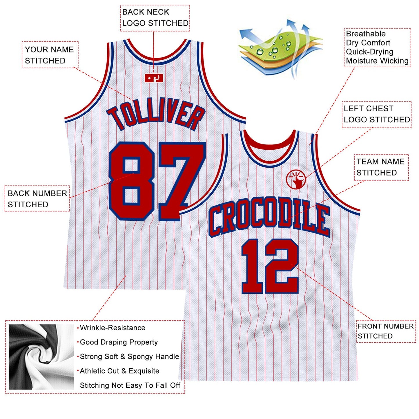 Custom White Red Pinstripe Red-Royal Authentic Basketball Jersey Limited