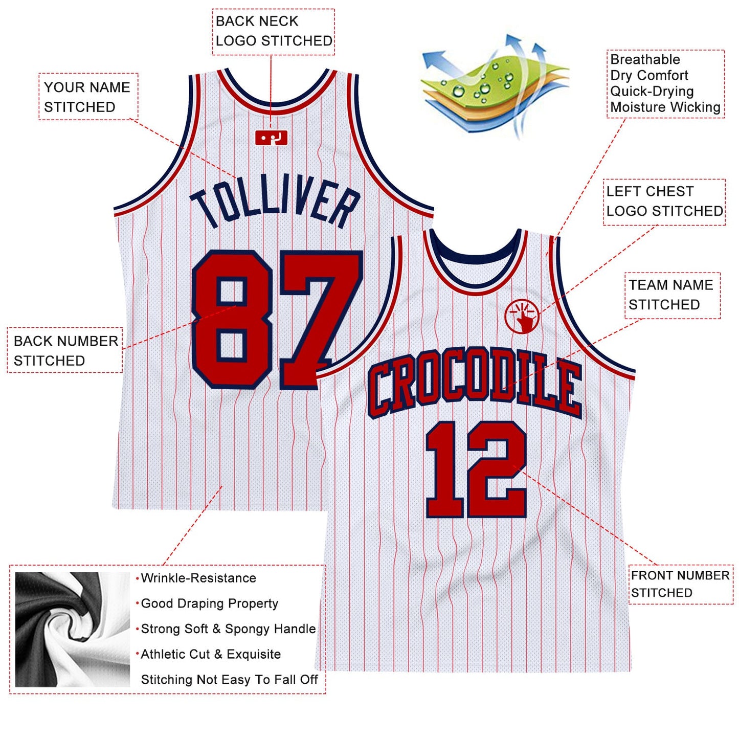Custom White Red Pinstripe Red-Navy Authentic Basketball Jersey Limited