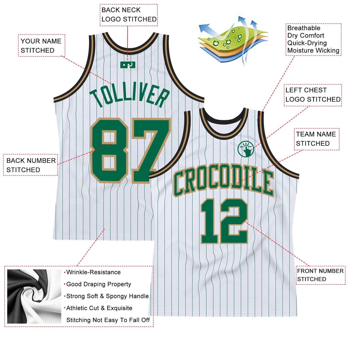 Custom White Kelly Green Pinstripe Kelly Green Old Gold-Black Authentic Basketball Jersey Limited