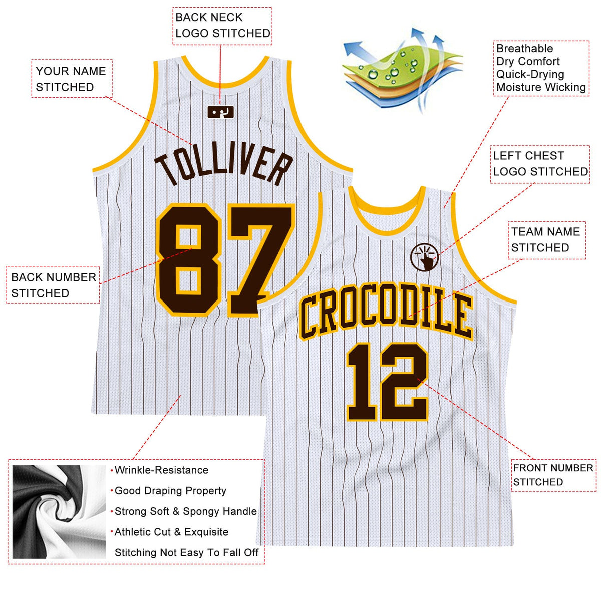 Custom White Brown Pinstripe Brown-Gold Authentic Basketball Jersey Limited
