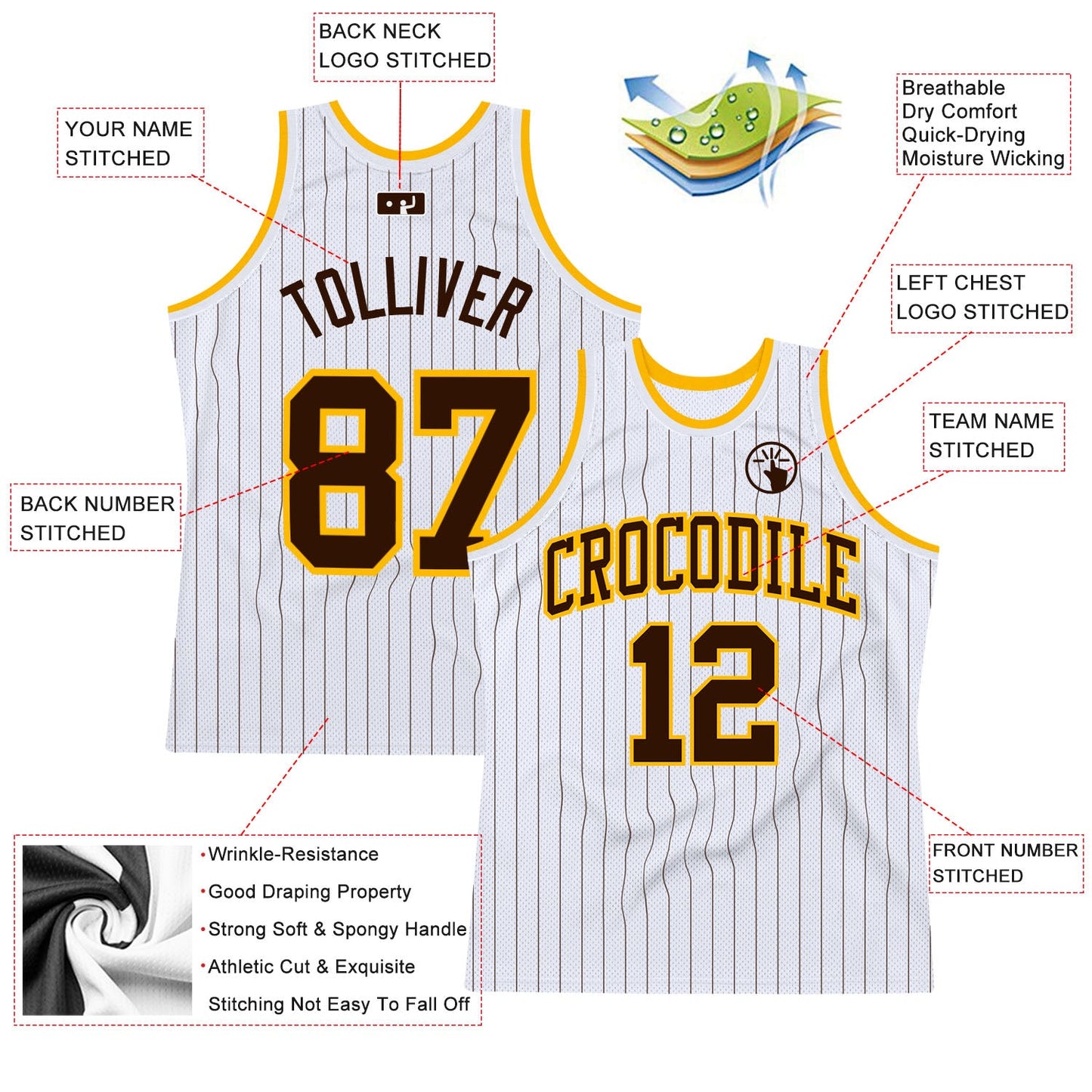 Custom White Brown Pinstripe Brown-Gold Authentic Basketball Jersey Limited