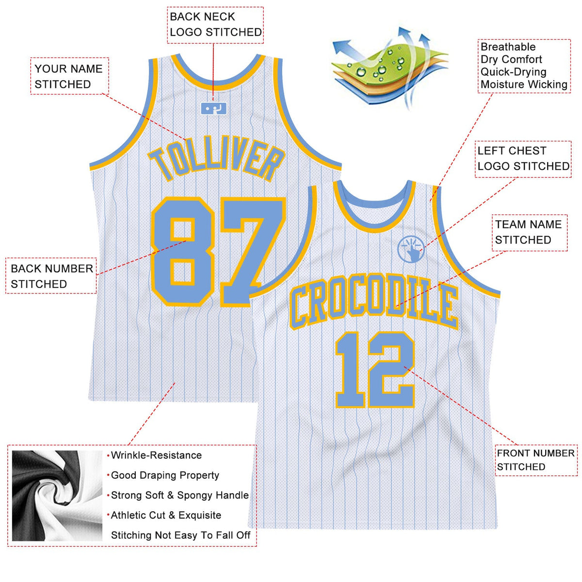 Custom White Light Blue Pinstripe Light Blue-Gold Authentic Basketball Jersey Limited