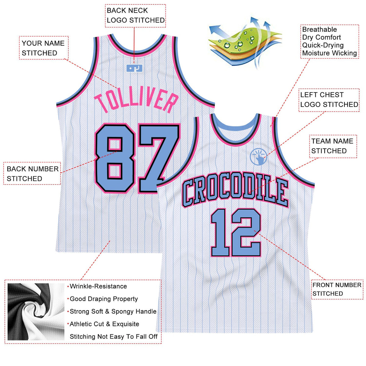 Custom White Light Blue Pinstripe Light Blue Black-Pink Authentic Basketball Jersey Limited