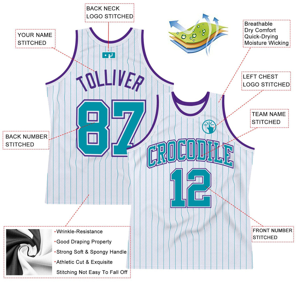 Custom White Teal Pinstripe Teal-Purple Authentic Basketball Jersey Limited