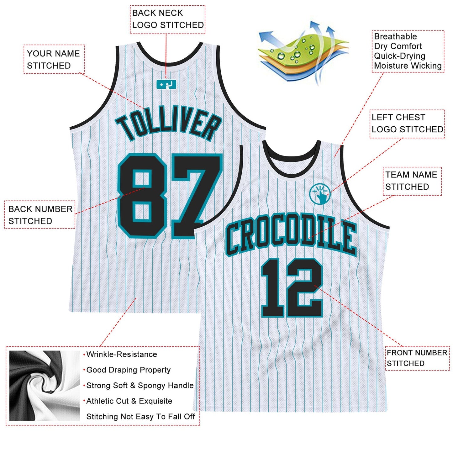 Custom White Teal Pinstripe Black Authentic Basketball Jersey Limited