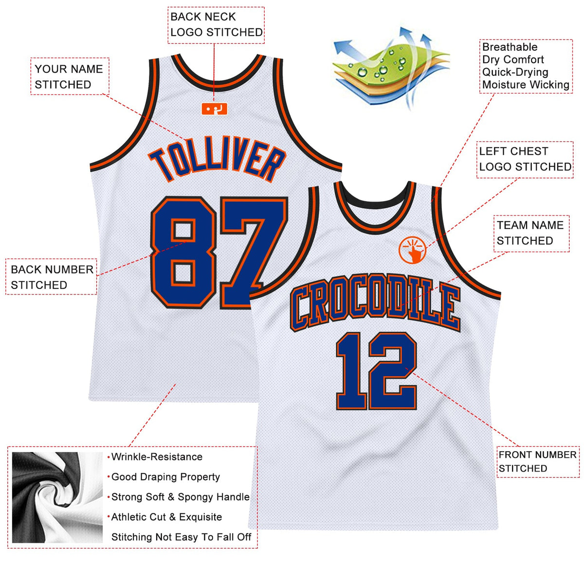 Custom White Royal Orange-Black Authentic Throwback Basketball Jersey Limited