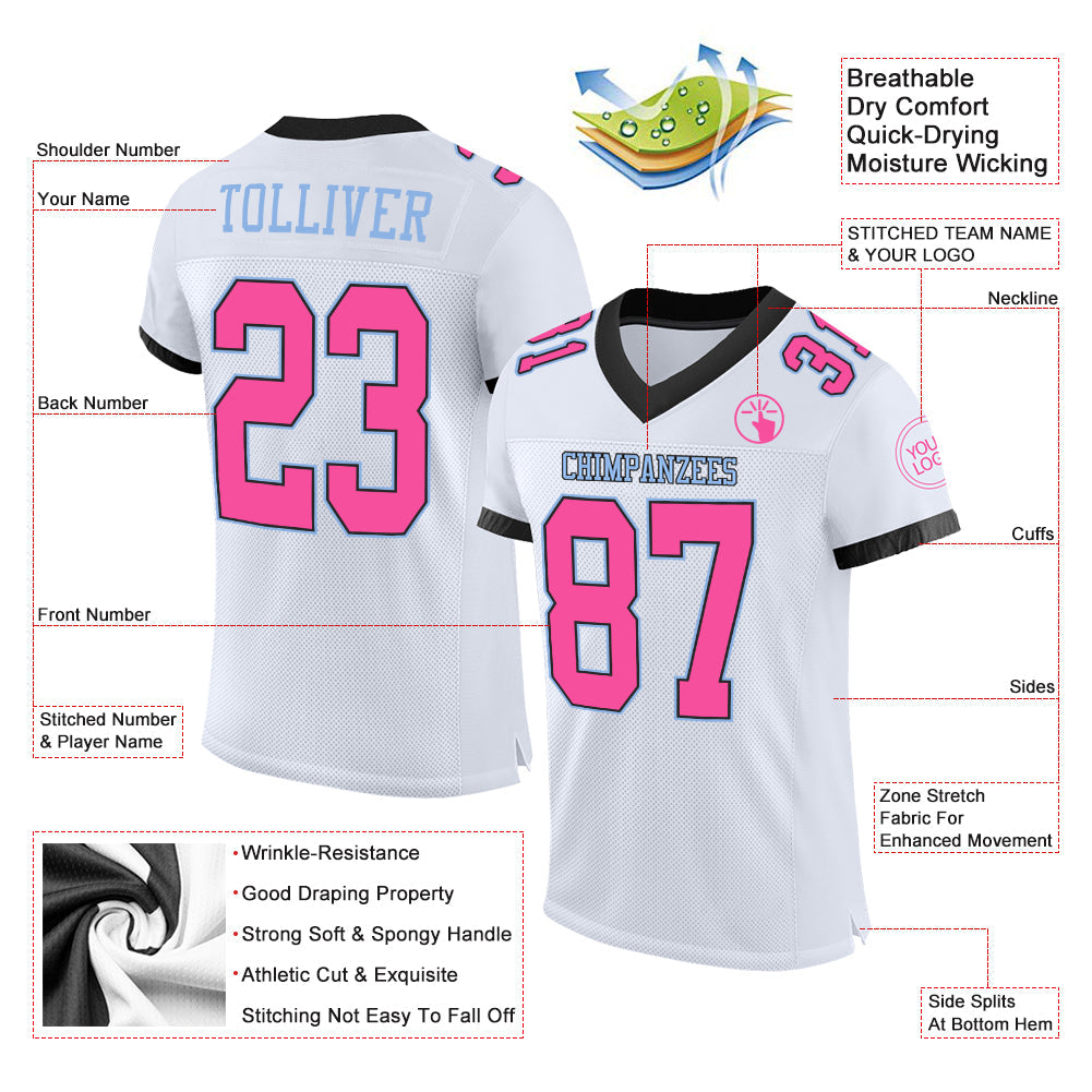 Custom White Pink Black-Light Blue Mesh Authentic Football Jersey Limited
