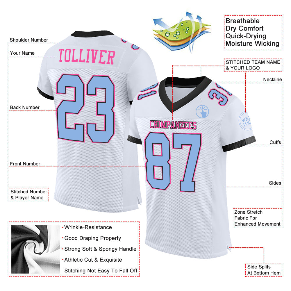 Custom White Light Blue Black-Pink Mesh Authentic Football Jersey Limited