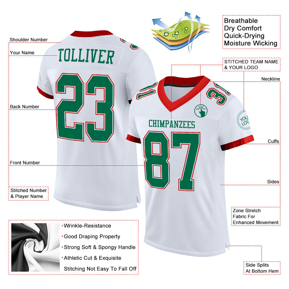 Custom White Kelly Green-Red Mesh Authentic Football Jersey Limited