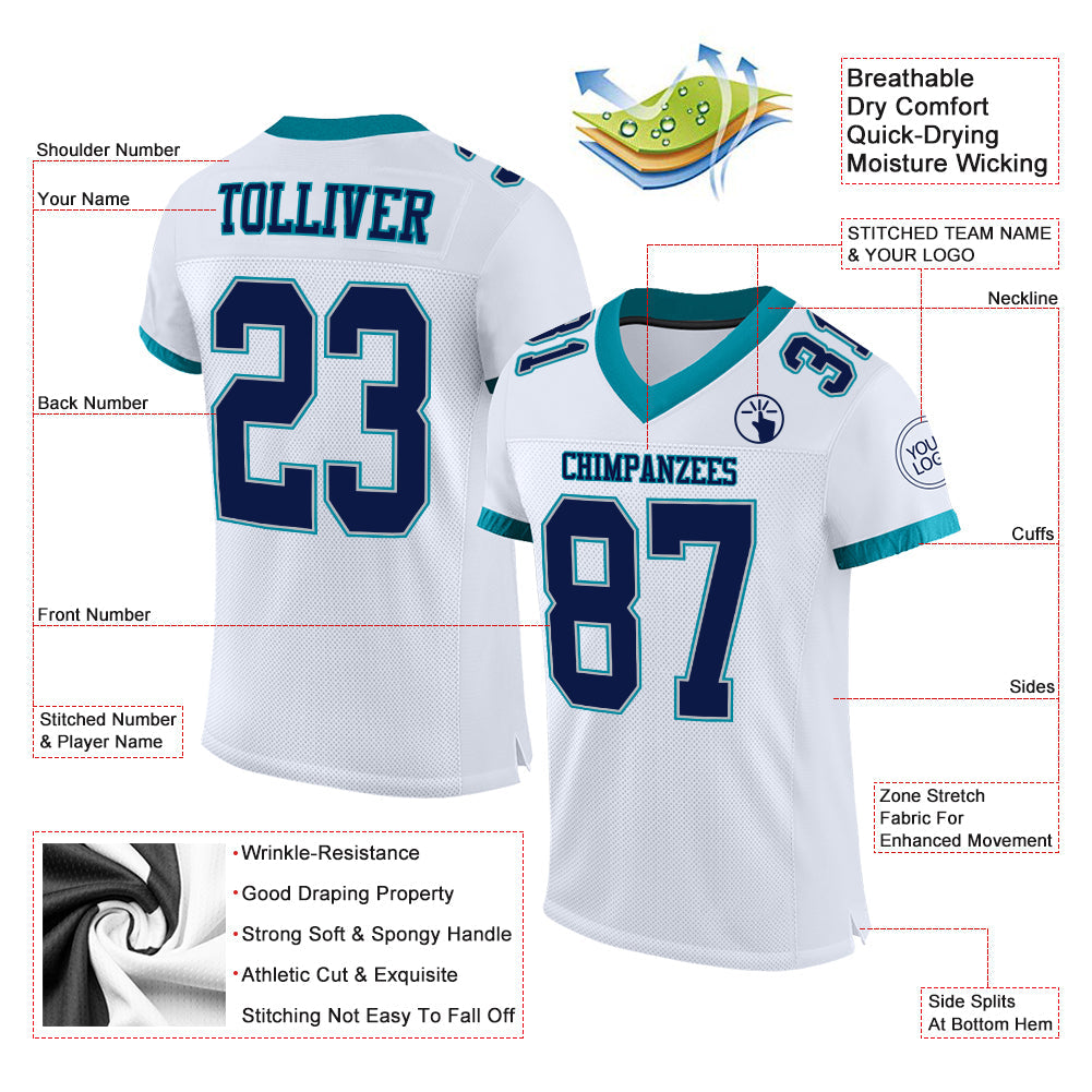 Custom White Navy Gray-Teal Mesh Authentic Football Jersey Limited