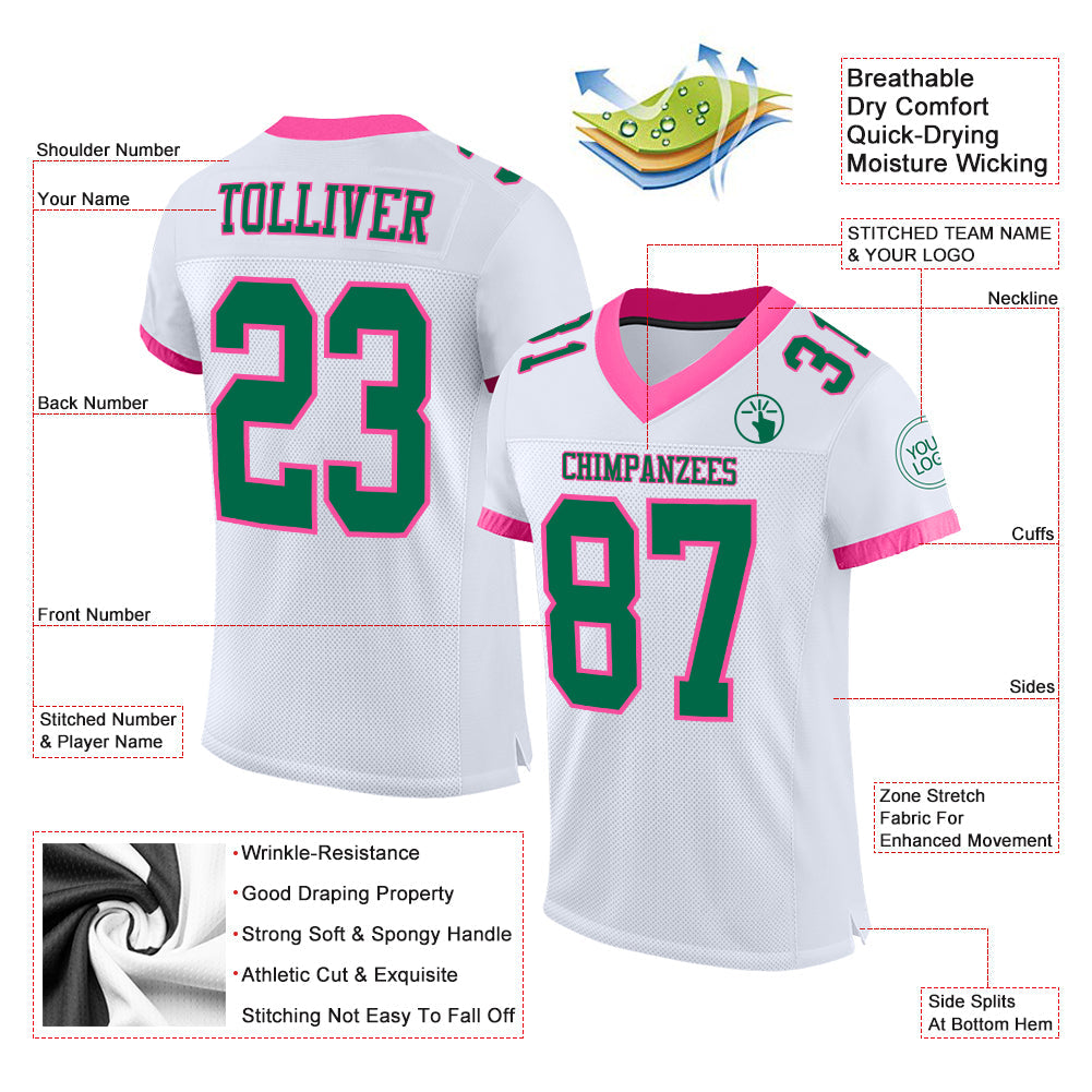 Custom White Kelly Green-Pink Mesh Authentic Football Jersey Limited