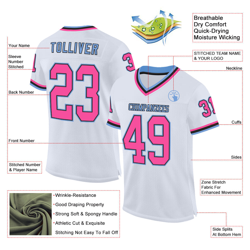 Custom White Pink Black-Light Blue Mesh Authentic Throwback Football Jersey Limited