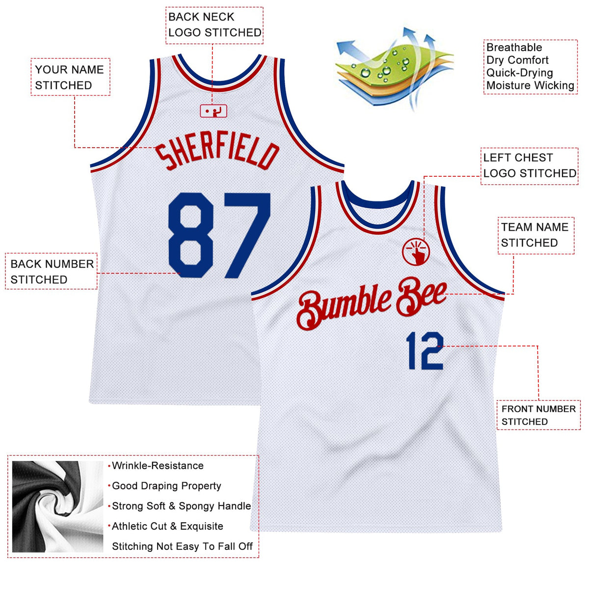 Custom White Royal-Red Authentic Throwback Basketball Jersey Limited