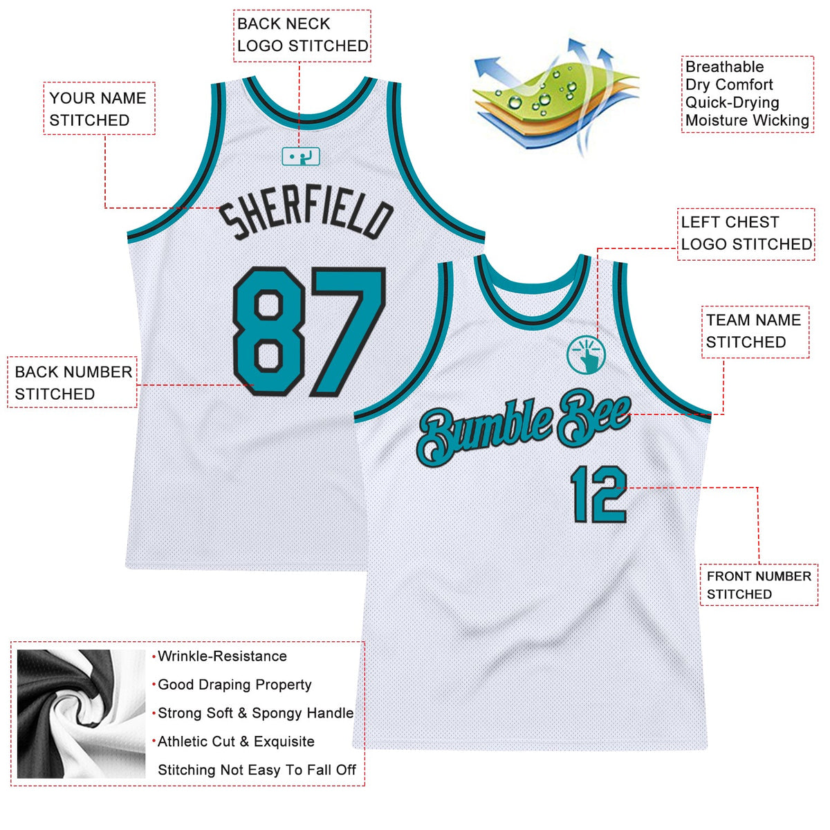 Custom White Teal-Black Authentic Throwback Basketball Jersey Limited