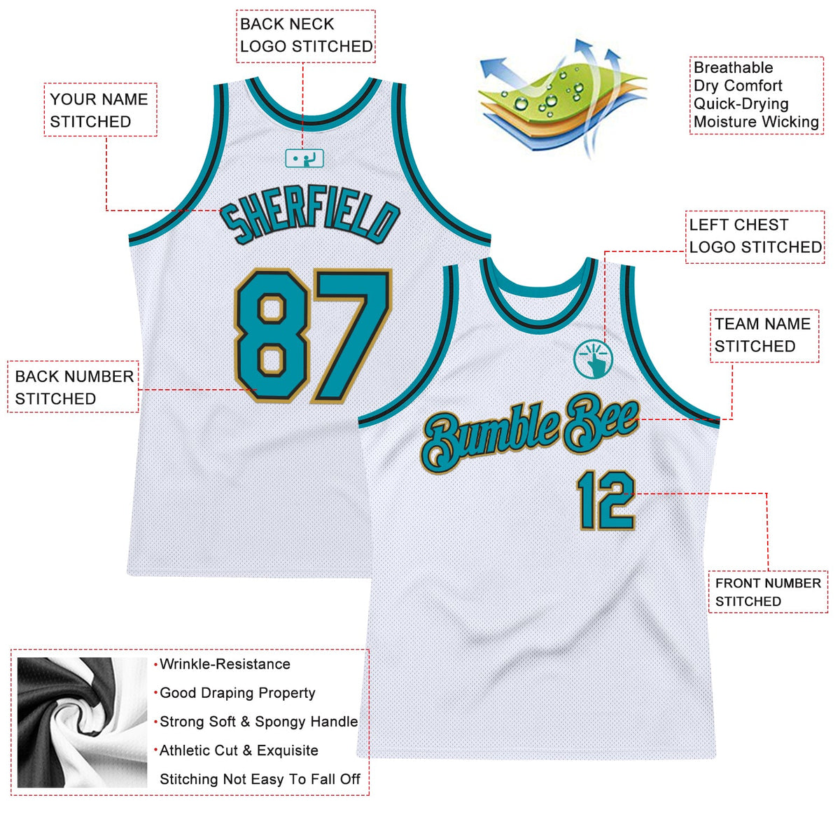 Custom White Teal Black-Old Gold Authentic Throwback Basketball Jersey Limited