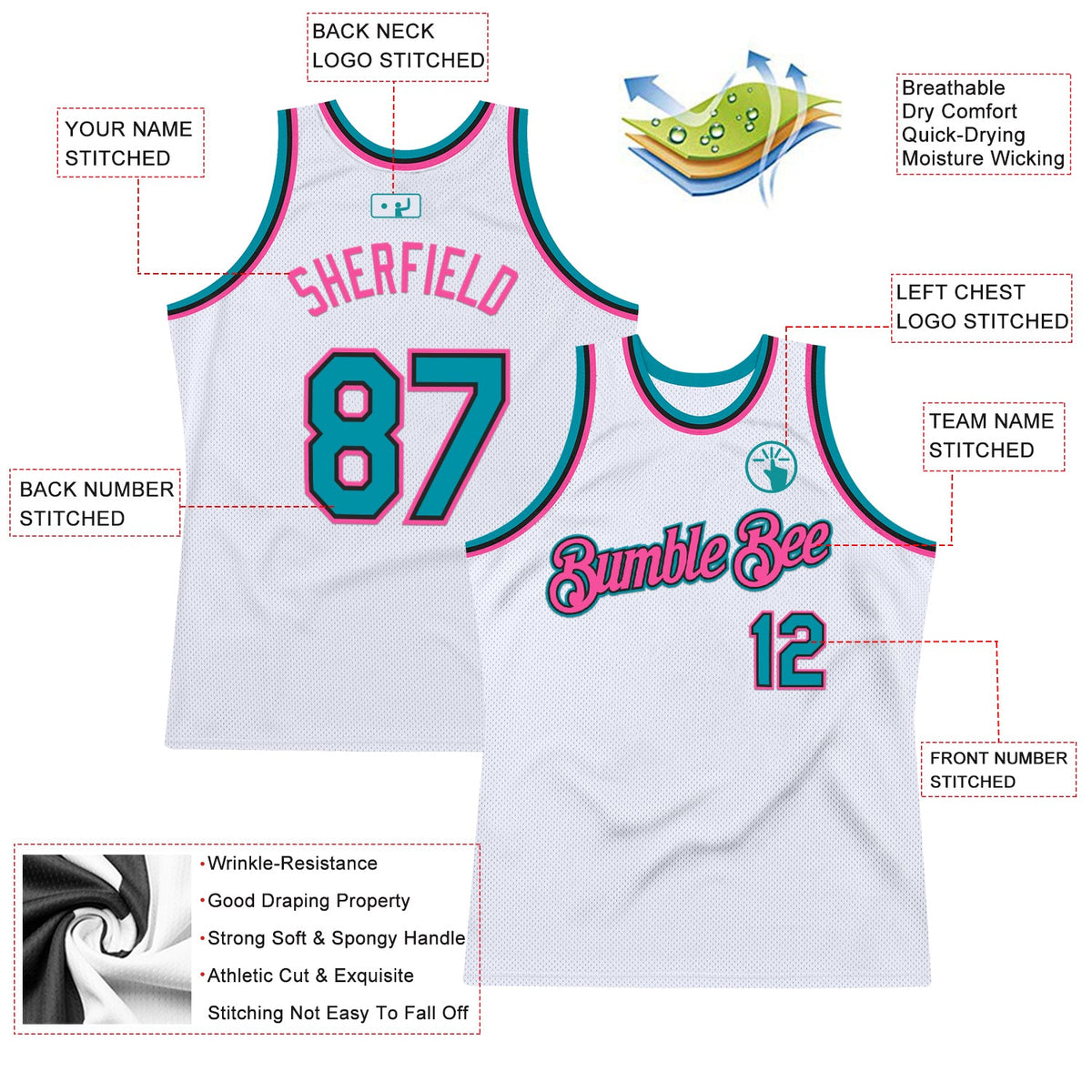 Custom White Teal Black-Pink Authentic Throwback Basketball Jersey Limited