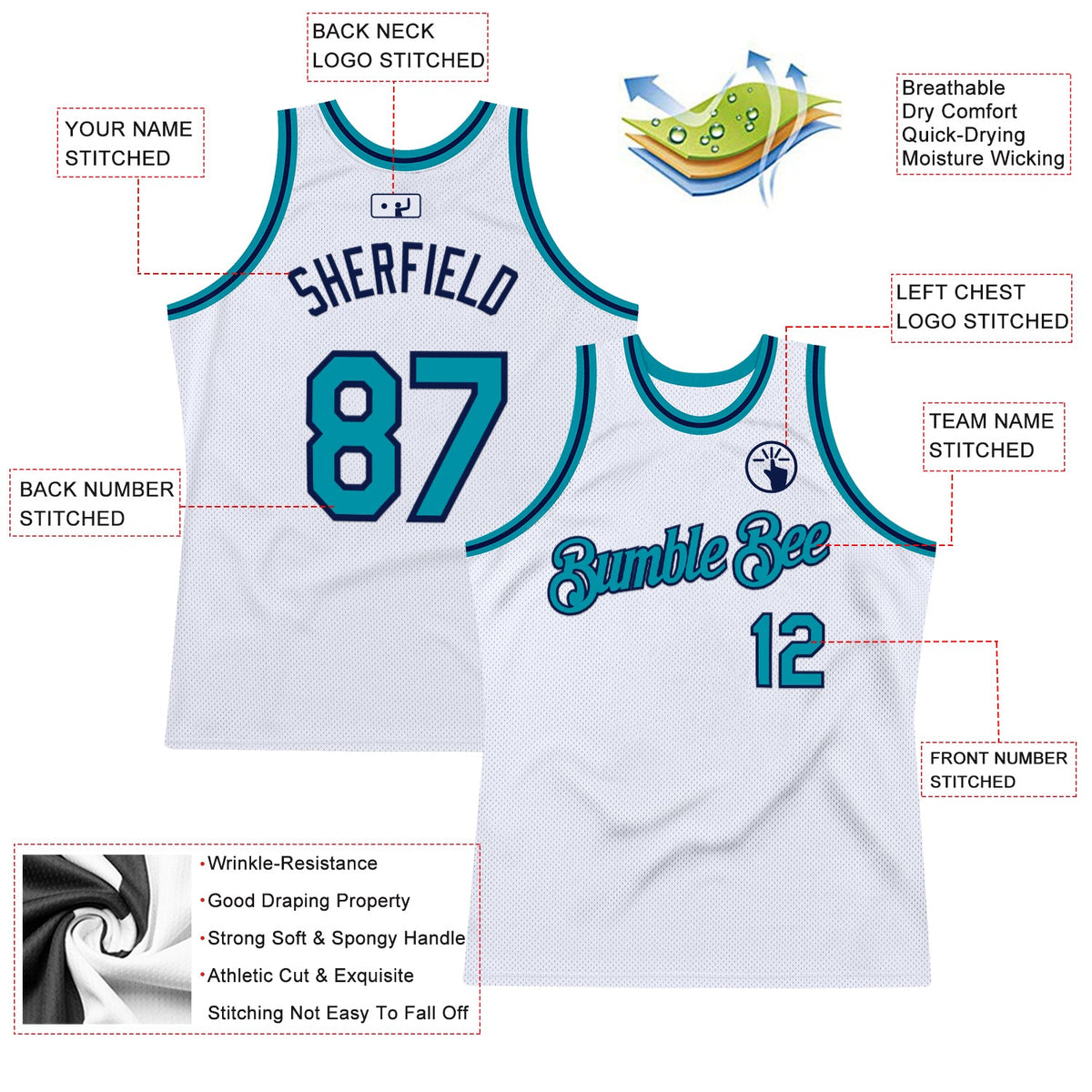 Custom White Teal-Navy Authentic Throwback Basketball Jersey Limited