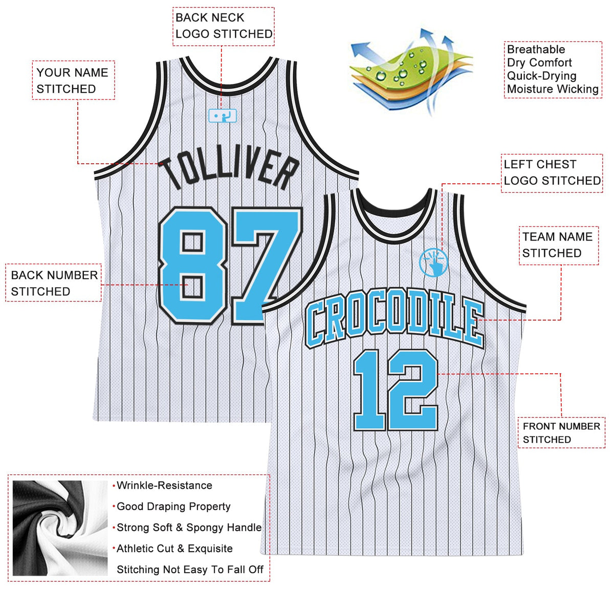 Custom White Black Pinstripe Sky Blue Authentic Basketball Jersey Limited