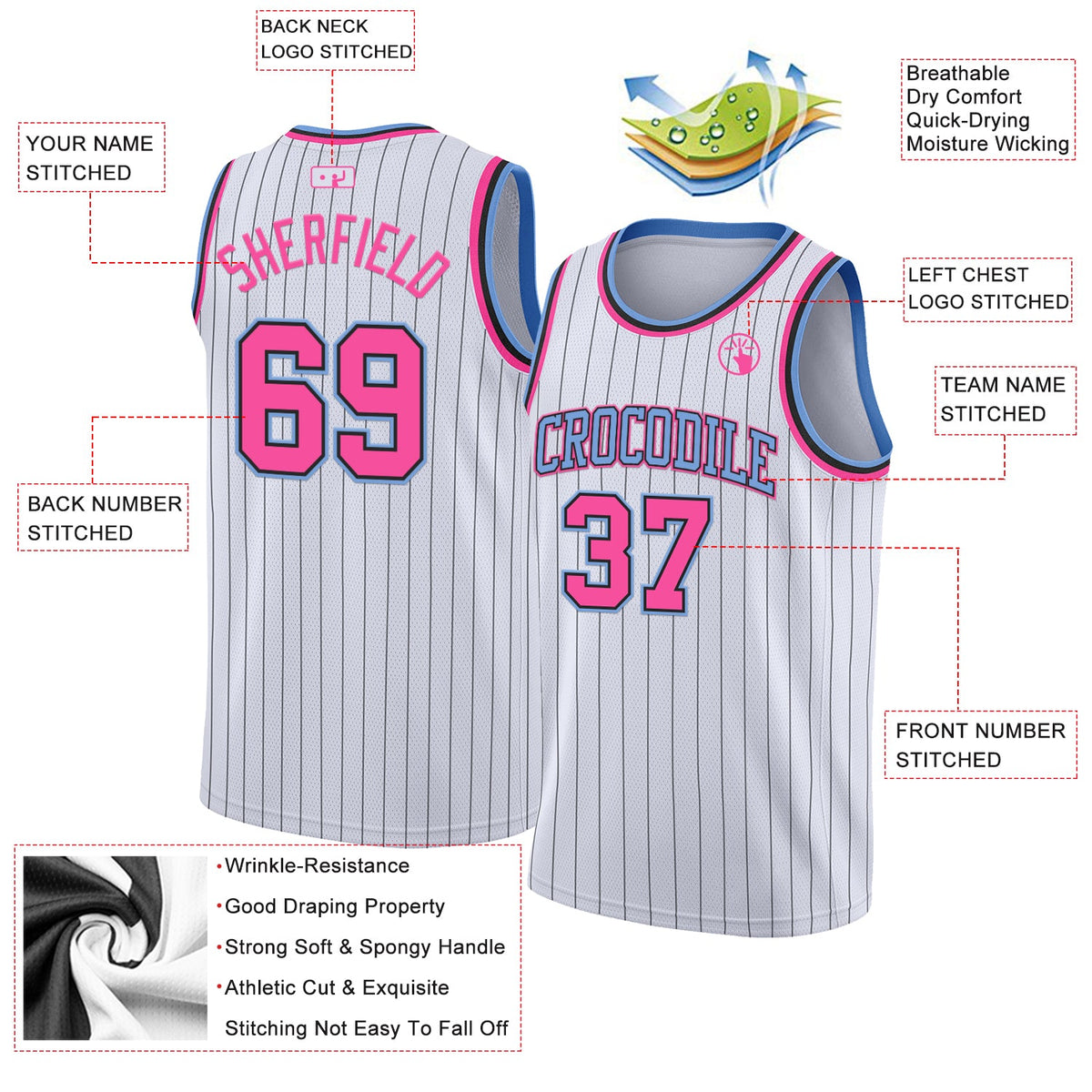 Custom White Black Pinstripe Pink-Light Blue Authentic Basketball Jersey Limited