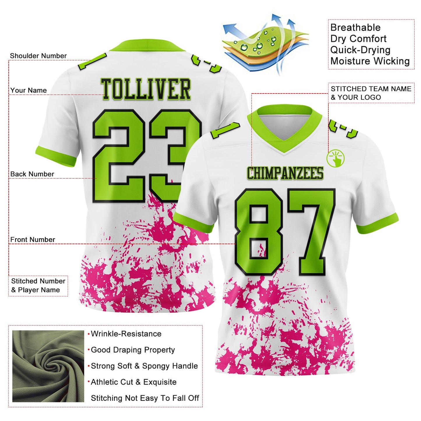 Custom White Neon Green Hot Pink-Black 3D Pattern Splash Authentic Football Jersey Limited