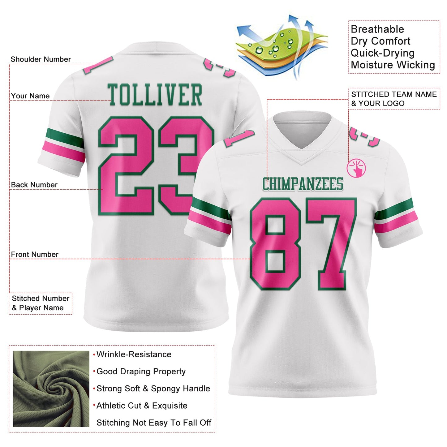 Custom White Pink-Kelly Green Authentic Football Jersey Limited