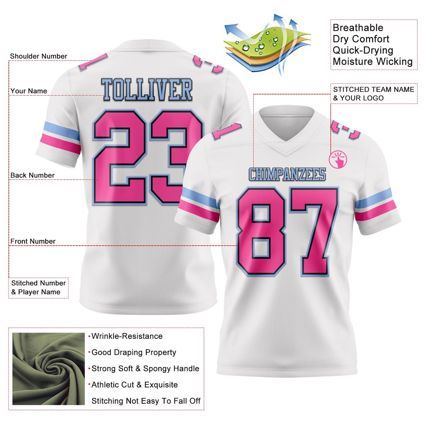 Custom White Pink Black-Light Blue Authentic Football Jersey Limited