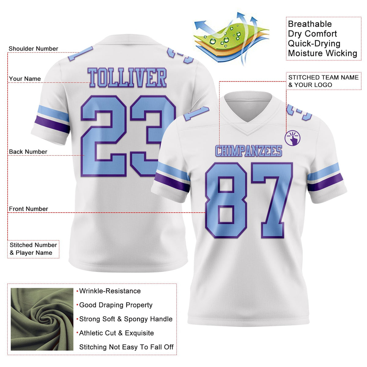 Custom White Light Blue-Purple Authentic Football Jersey Limited