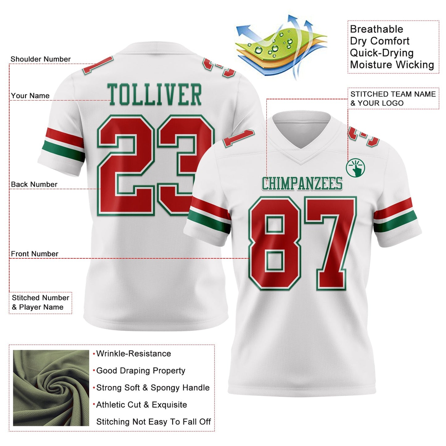 Custom White Red-Kelly Green Authentic Football Jersey Limited