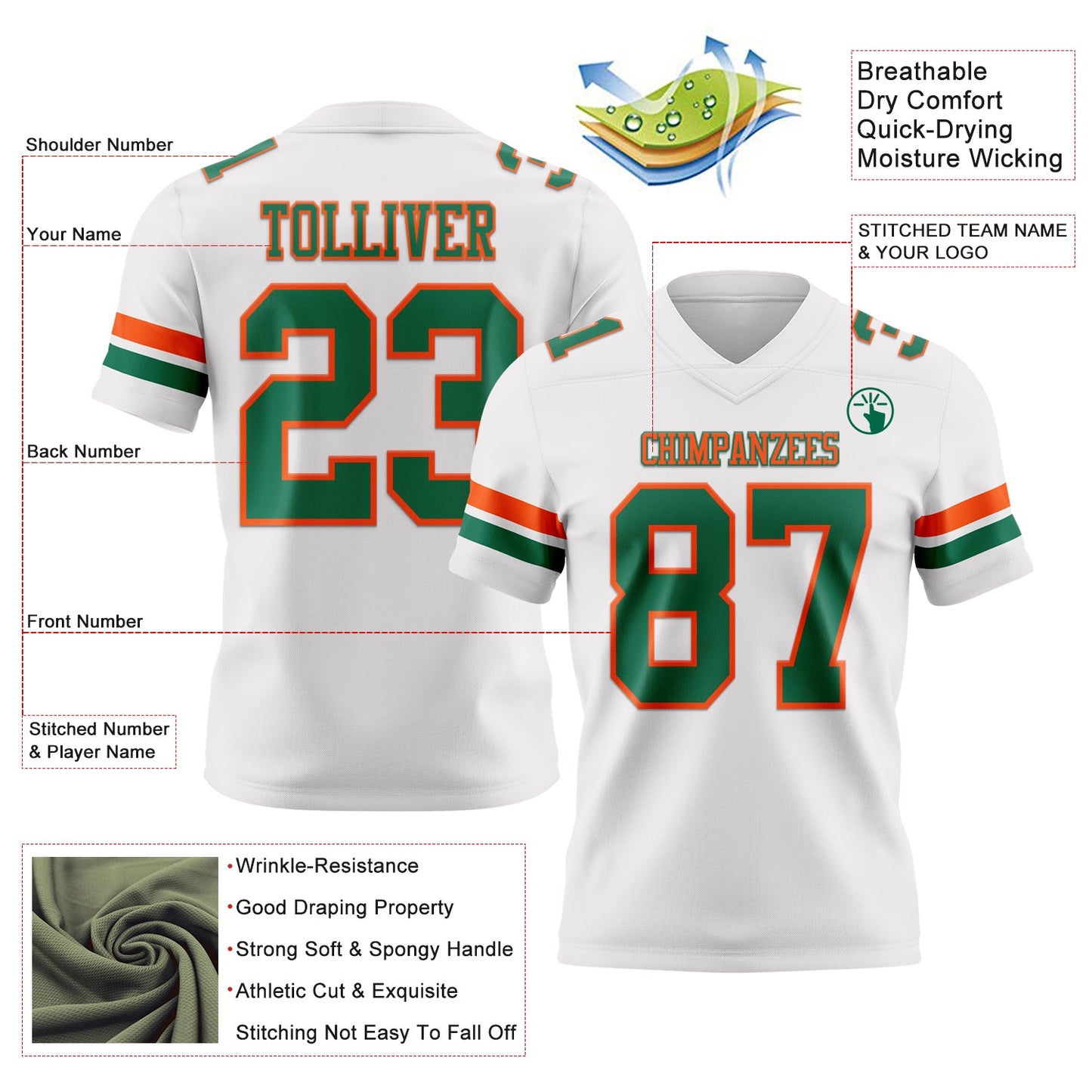 Custom White Kelly Green-Orange Authentic Football Jersey Limited