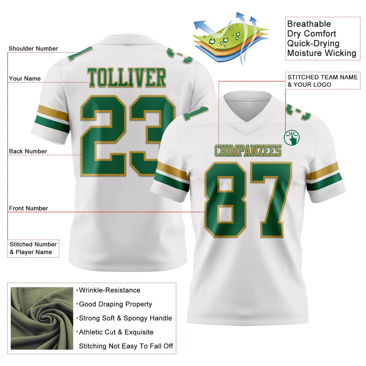 Custom White Kelly Green-Old Gold Authentic Football Jersey Limited