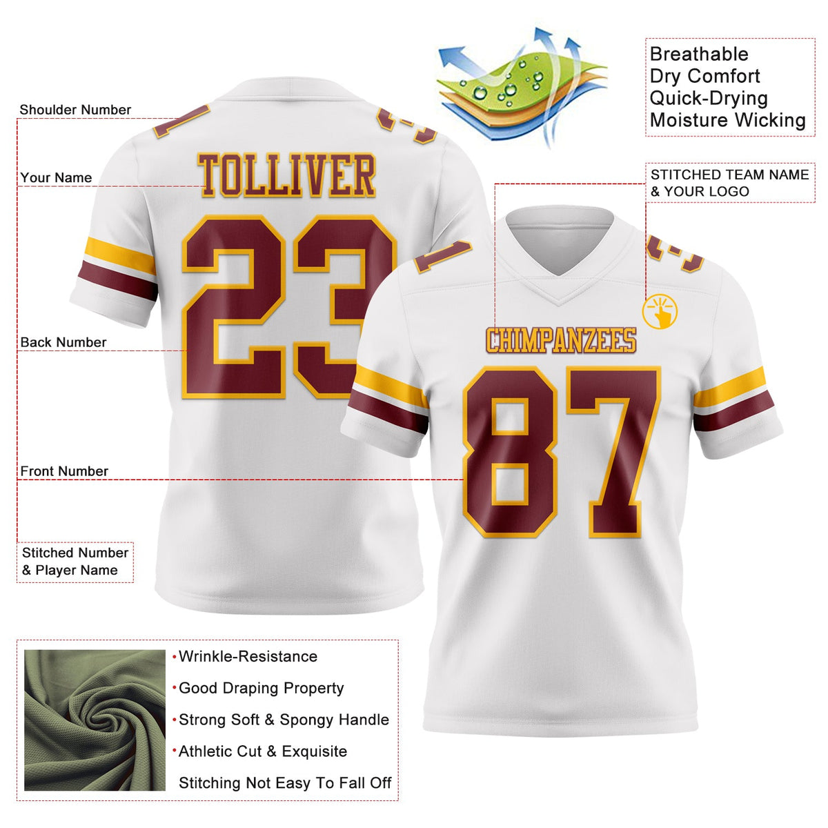Custom White Burgundy-Gold Authentic Football Jersey Limited