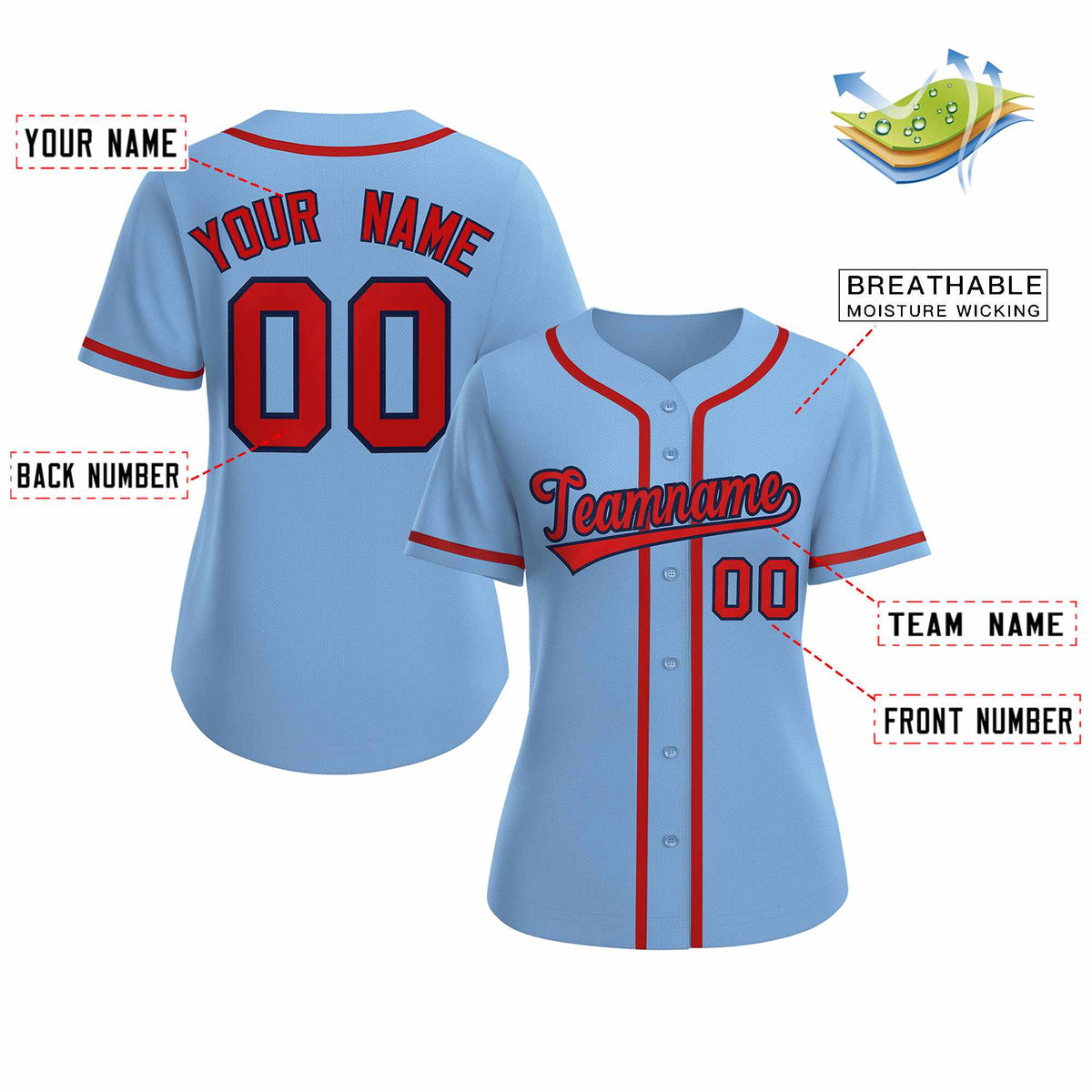 Custom Light Blue Red Navy Classic Style Baseball Jersey for Women Limited