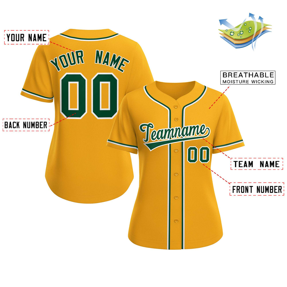 Custom Gold Green-White Classic Style Baseball Jersey For Women Limited