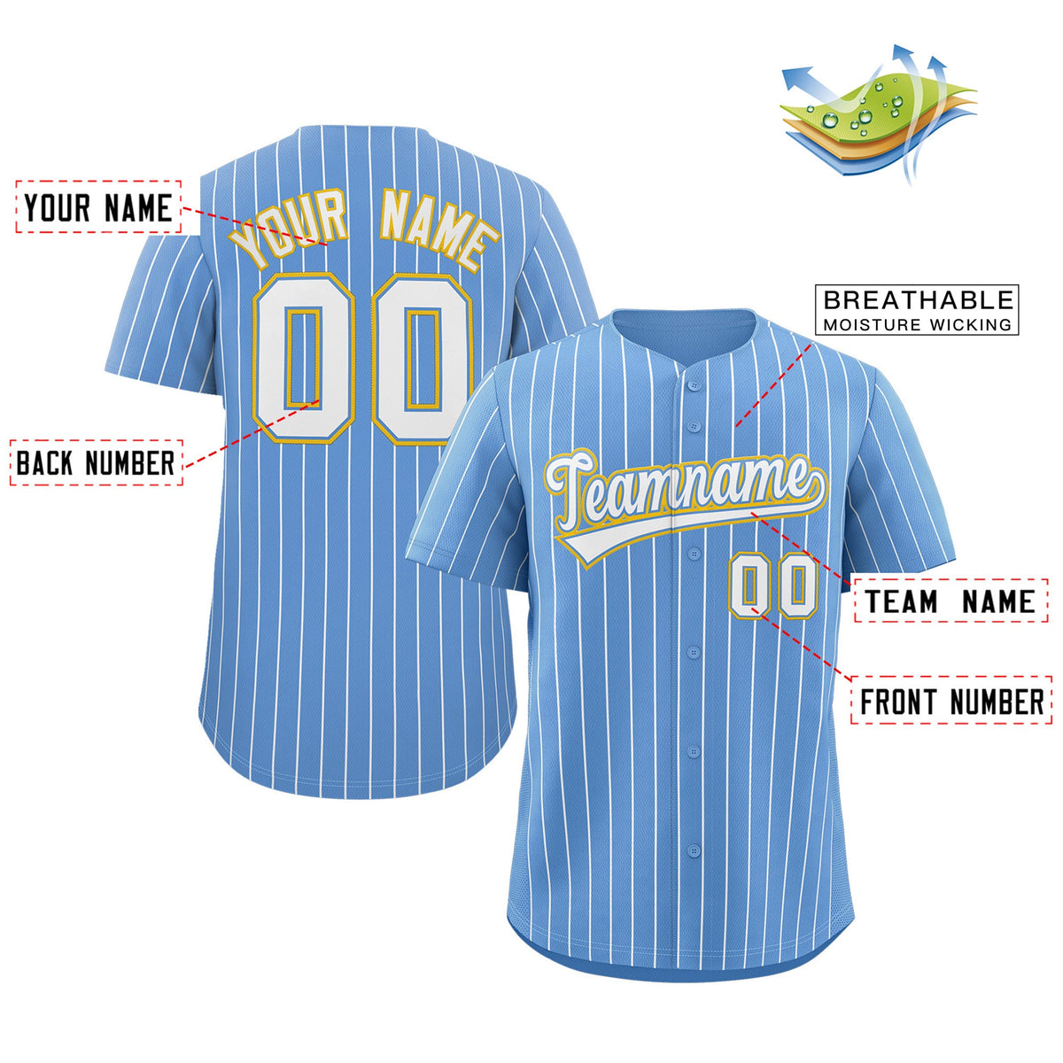 Custom Light Blue White-Gold Stripe Fashion Authentic Baseball Jersey Limited