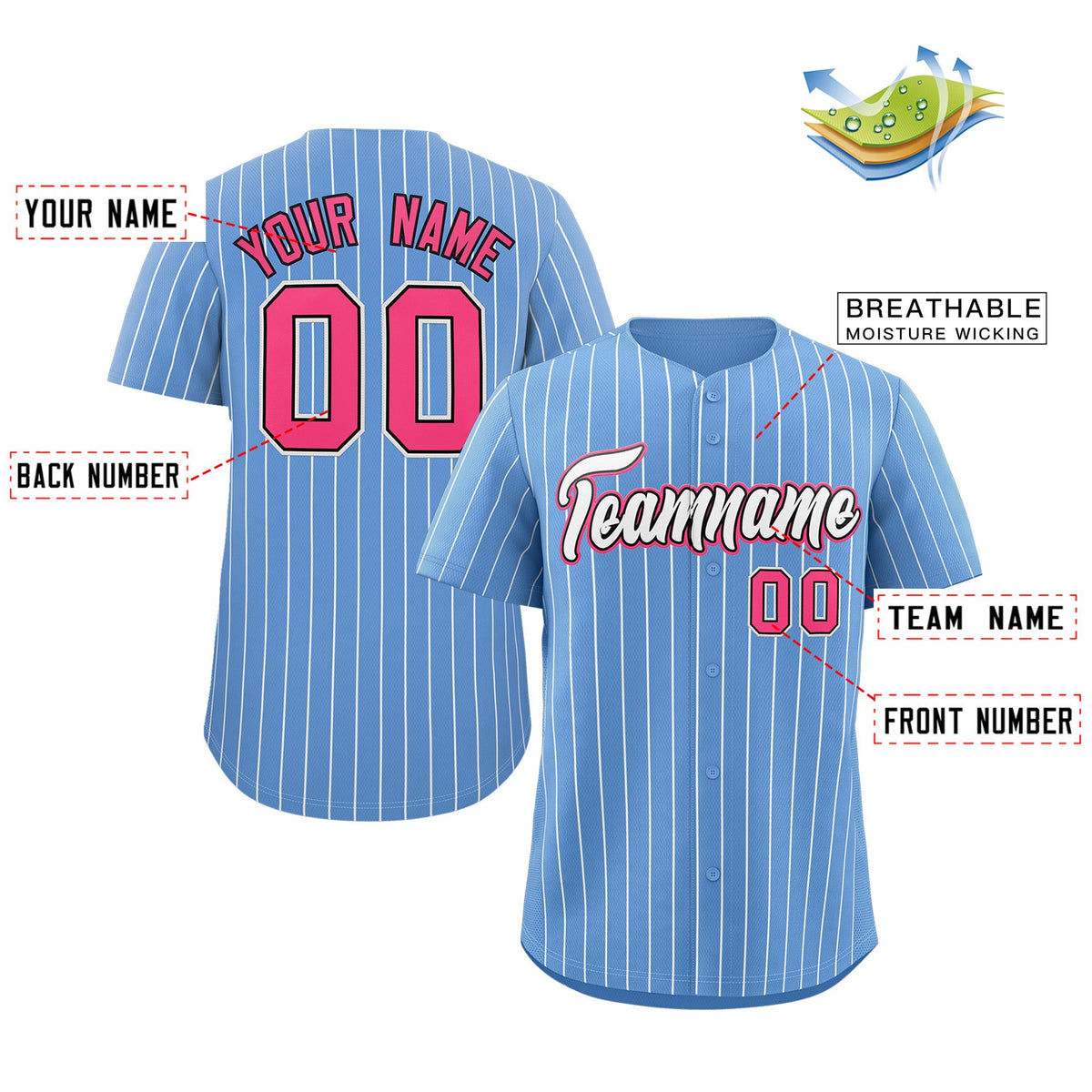 Custom Light Blue White-Pink Stripe Fashion Authentic Baseball Jersey Limited