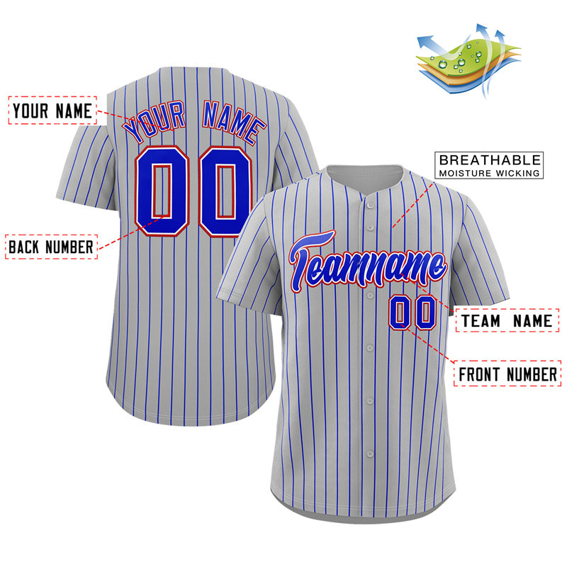 Custom Gray Royal-Red Stripe Fashion Authentic Baseball Jersey Limited