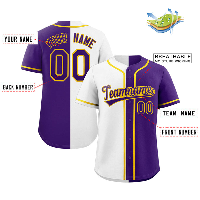 Custom Purple White-Yellow Split Fashion Authentic Baseball Jersey Limited