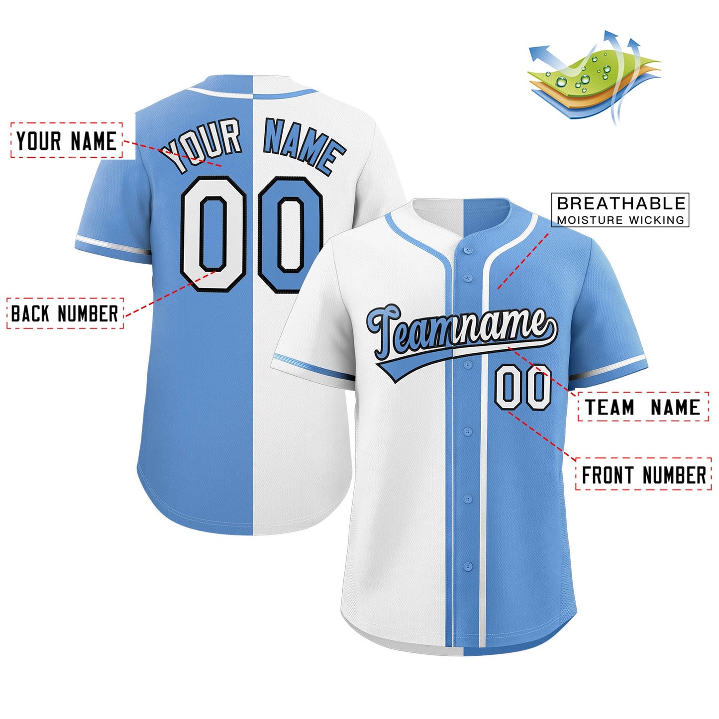 Custom Light Blue White-Navy Hook Split Fashion Authentic Baseball Jersey Limited