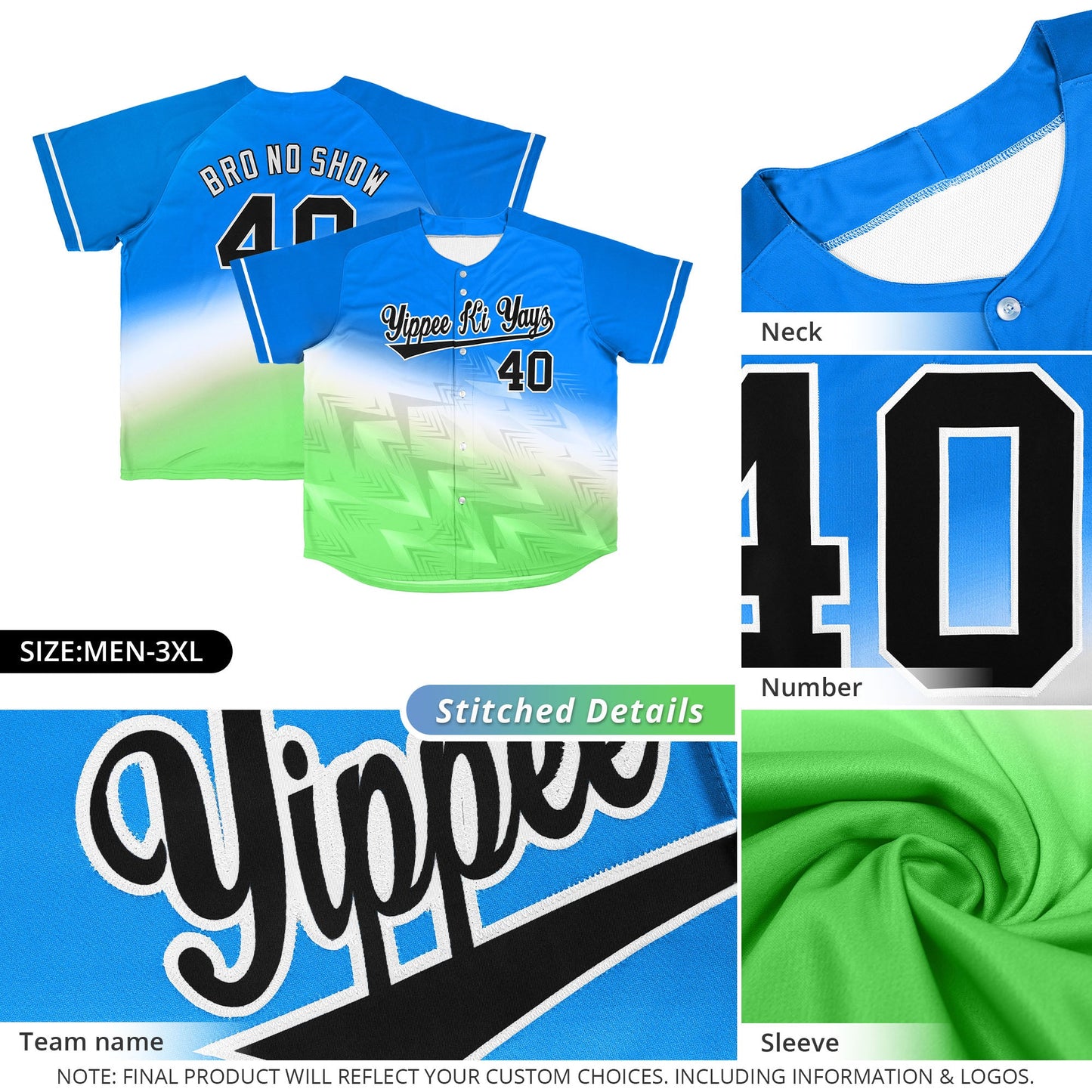 Custom Light Blue Green-White Gradient Fashion Authentic Baseball Jersey Limited