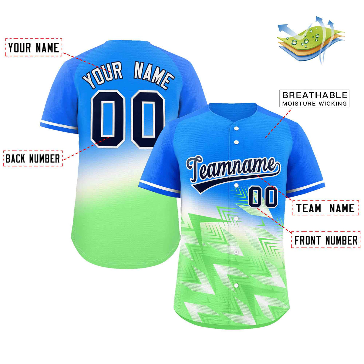 Custom Light Blue Green-White Gradient Fashion Authentic Baseball Jersey Limited