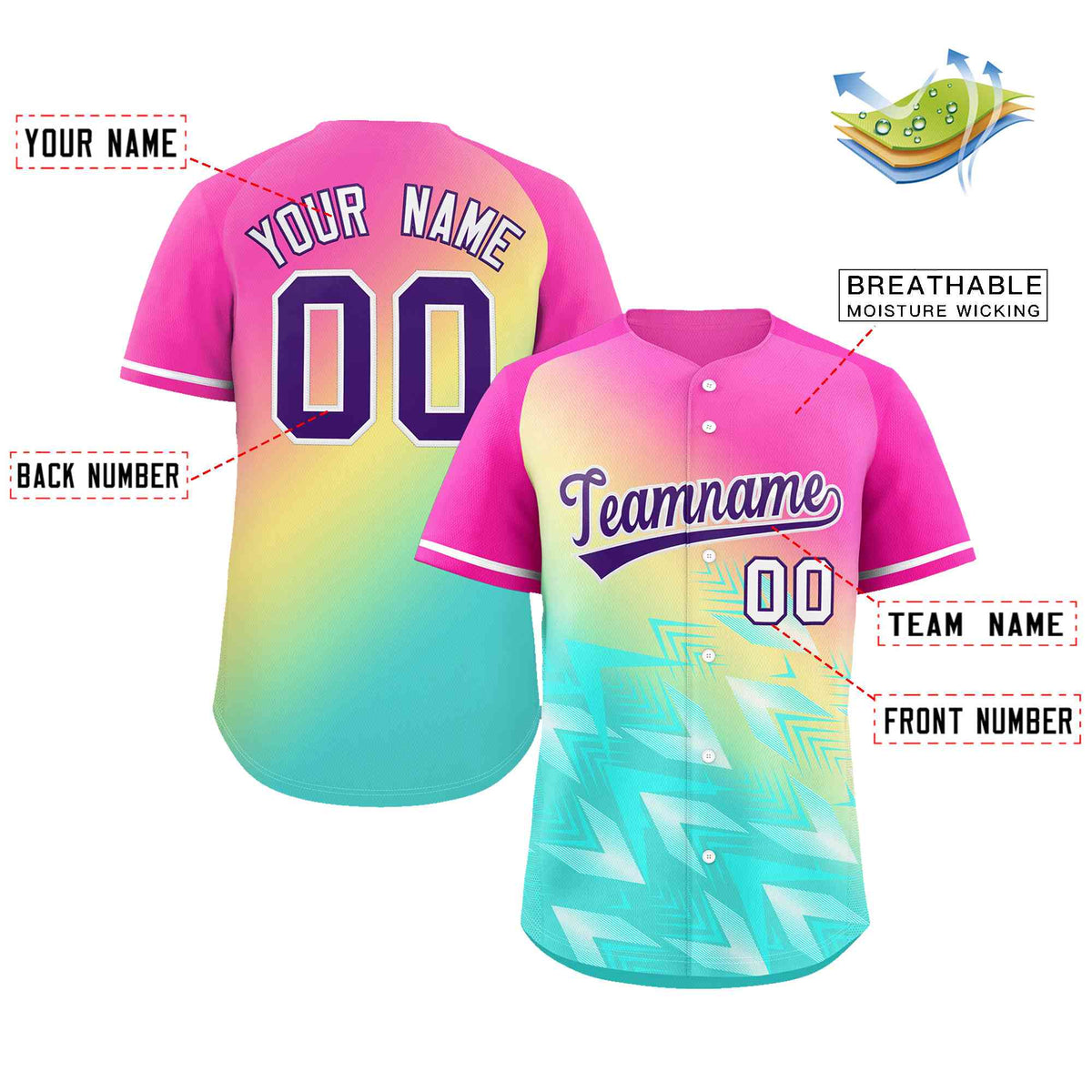 Custom Pink Aqua Purple-White Gradient Fashion Authentic Baseball Jersey Limited