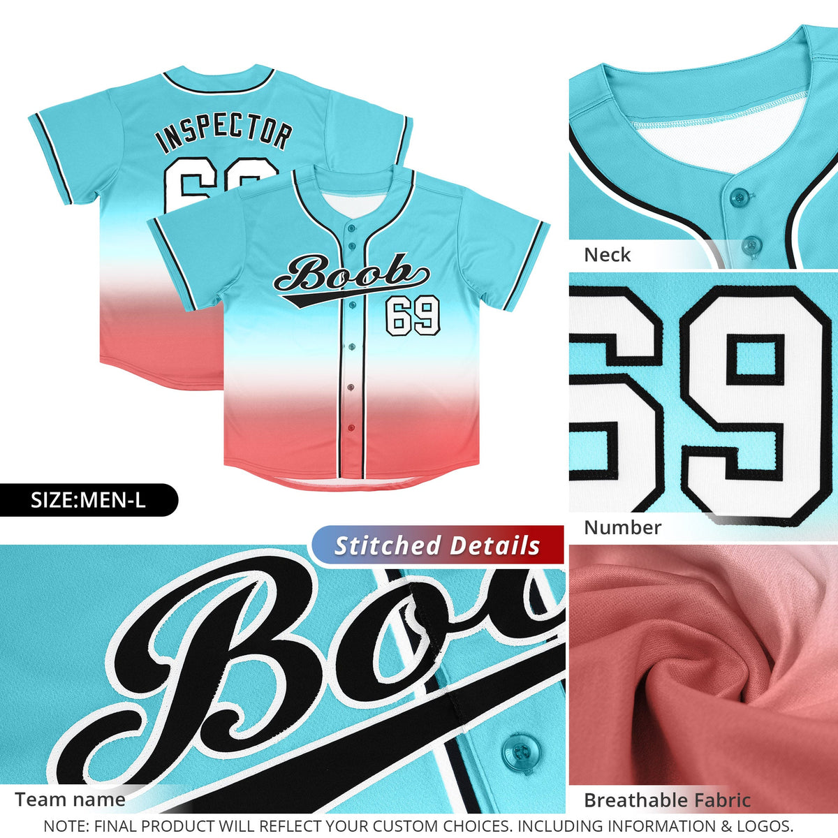 Custom Aqua Light Red Black-White Gradient Fashion Authentic Baseball Jersey Limited