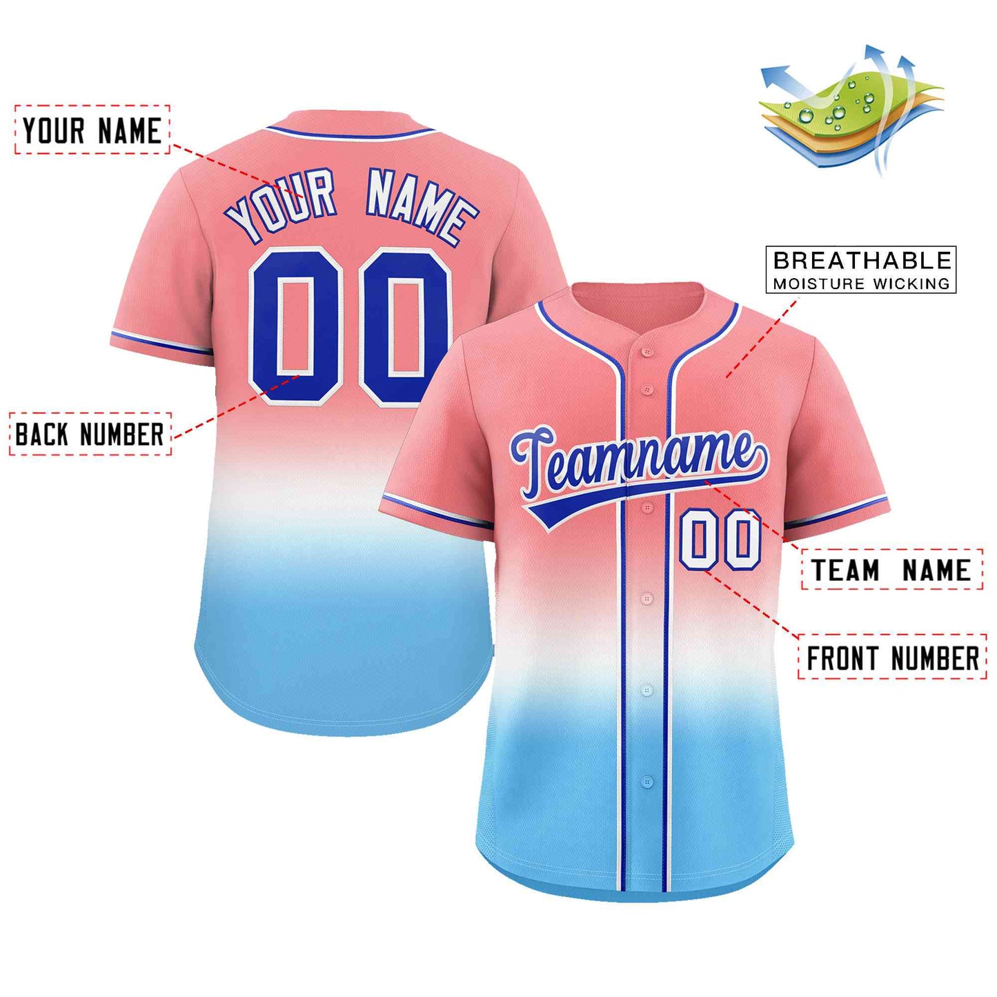 Custom Light Red Light Blue Royal-White Gradient Fashion Authentic Baseball Jersey Limited
