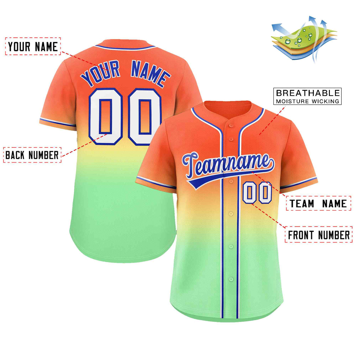 Custom Orange Neon Green Royal-White Gradient Fashion Authentic Baseball Jersey Limited