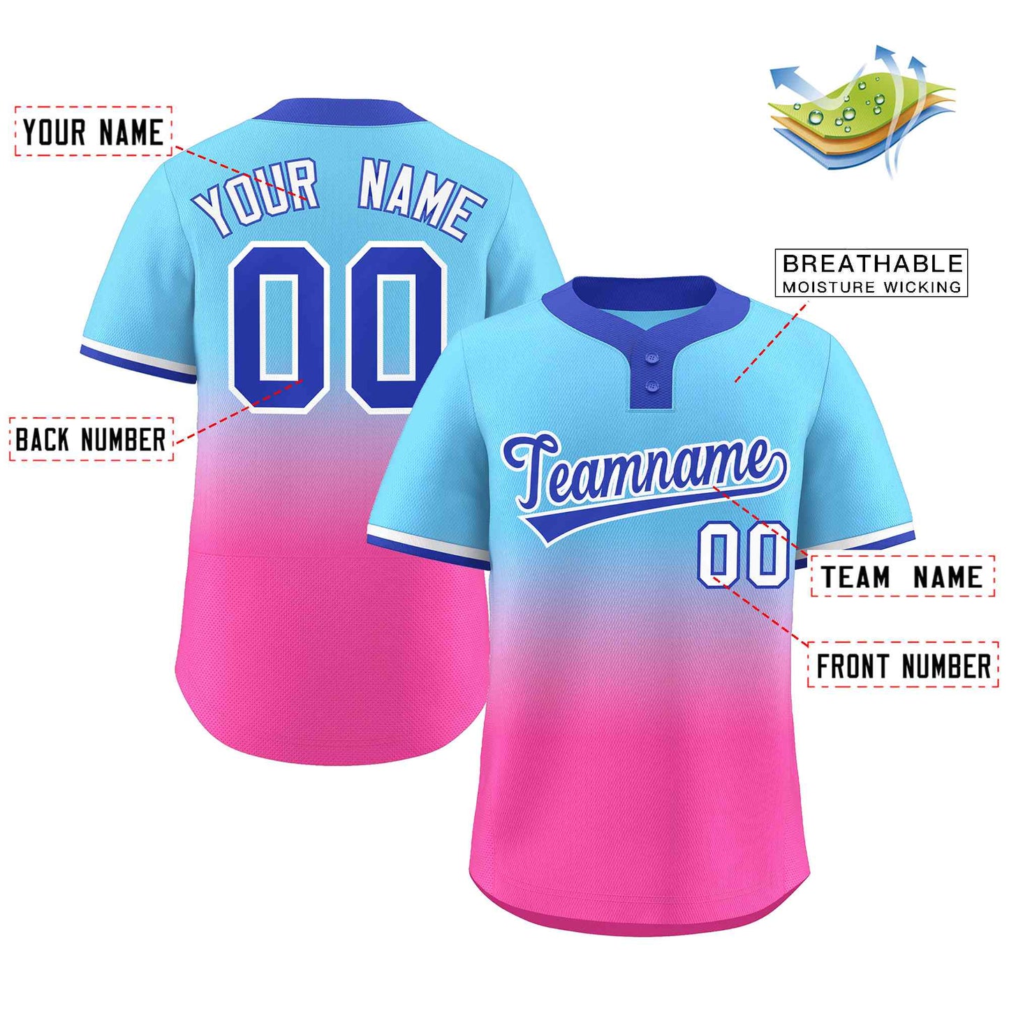 Custom Light Blue Pink Royal-White Gradient Fashion Authentic Two-Button Softball Jersey Limited