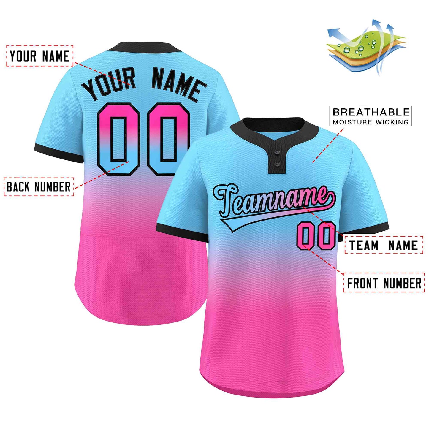 Custom Light Blue Pink Light Blue-Black Gradient Fashion Authentic Two-Button Softball Jersey Limited