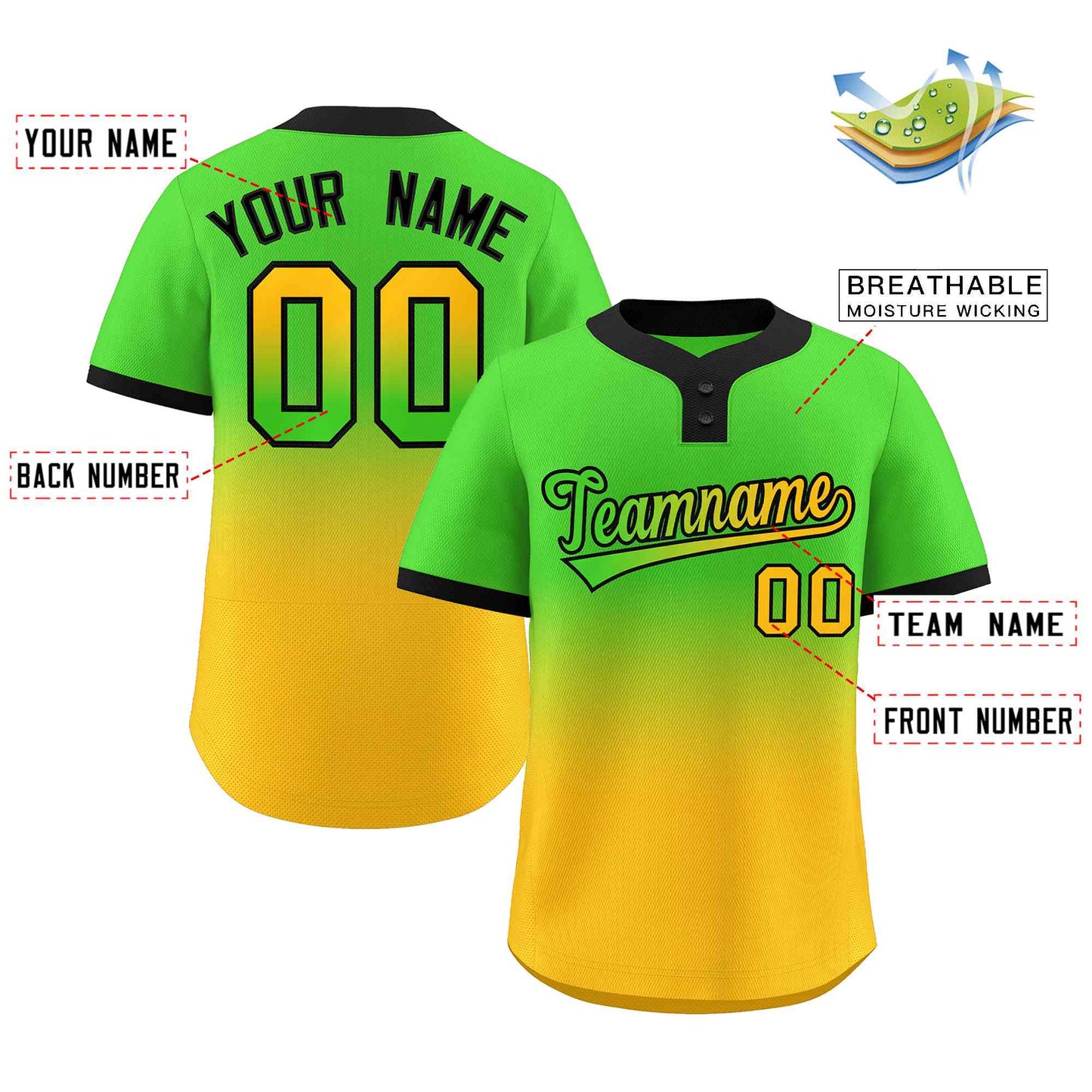 Custom Neon Green Gold Green-Black Gradient Fashion Authentic Two-Button Softball Jersey Limited