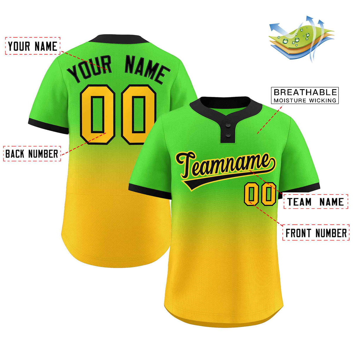 Custom Neon Green Gold Black-Gold Gradient Fashion Authentic Two-Button Softball Jersey Limited
